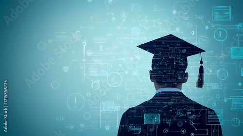 Graduate facing future tech opportunities; digital background; career planning
