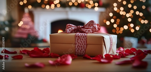 Festive Gift with Ribbon and Rose Petals by Christmas Fireplace : Generative AI