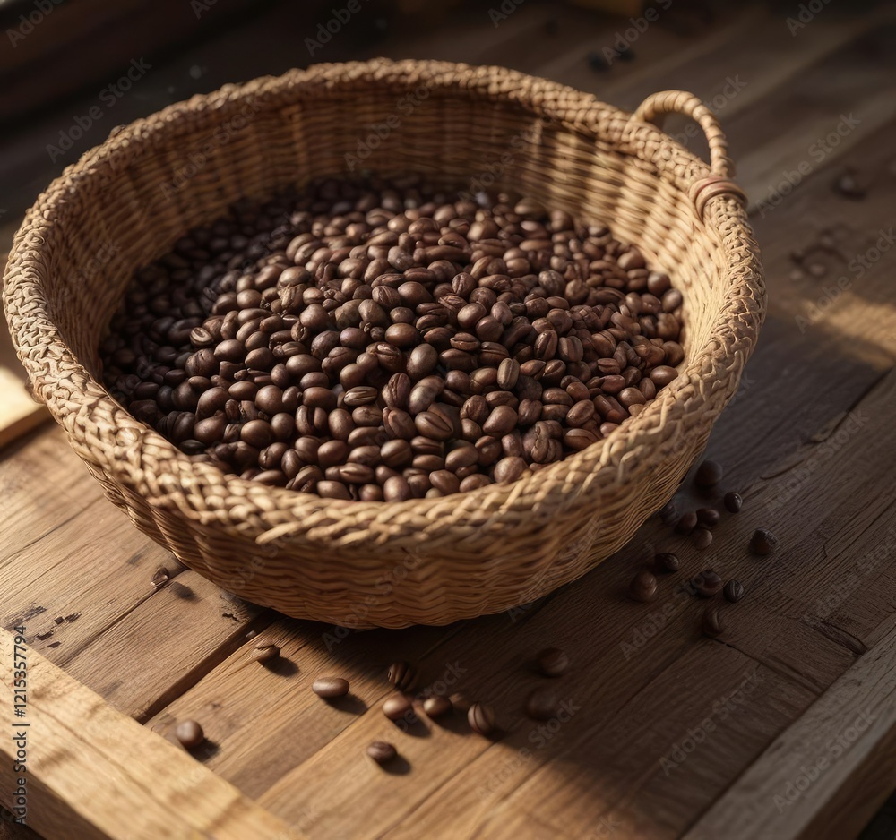 Detailed scene of coffee beans in a woven basket on a rustic wooden table, with a warm sunbeam illuminating the space , wicker basket, wood table, earthy elements Detailed scene of coffee beans in a woven basket on a rustic wooden table, with a warm sunbeam illuminating the space , wicker basket, wood table, earthy elements