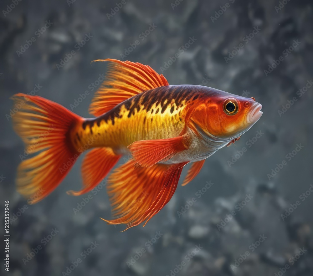 Fototapeta premium Detailed view of red fire guppy with bright orange and yellow highlights on its body , highlight, color
