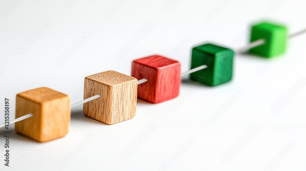 Obraz premium Wooden blocks connected, progress concept, white background, workflow