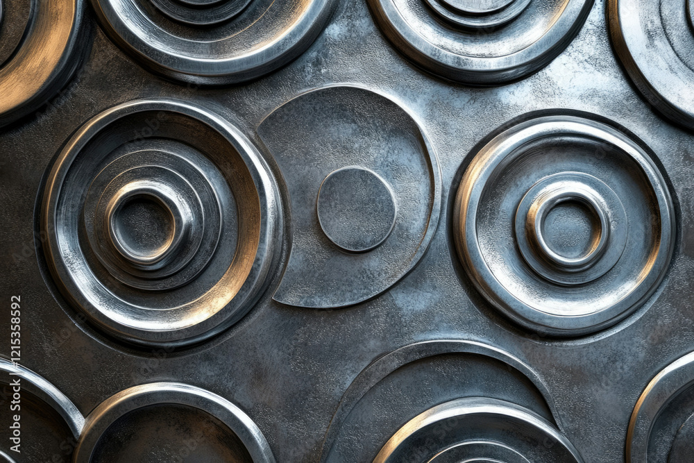 A metallic surface with concentric circles, creating a textured, industrial design. A metallic surface with concentric circles, creating a textured, industrial design.