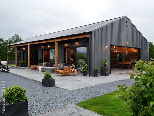 Modern barndominium retreat in gray with wood accents and landscaped patio