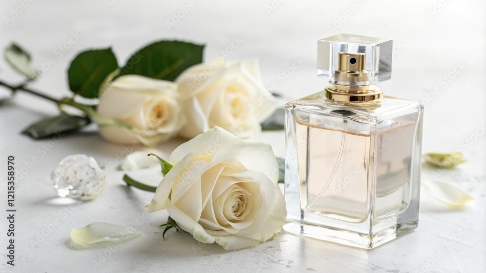Elegant perfume bottle with a delicate white rose, flowers, refined accessory, sophisticated elegance, luxury fragrance Elegant perfume bottle with a delicate white rose, flowers, refined accessory, sophisticated elegance, luxury fragrance
