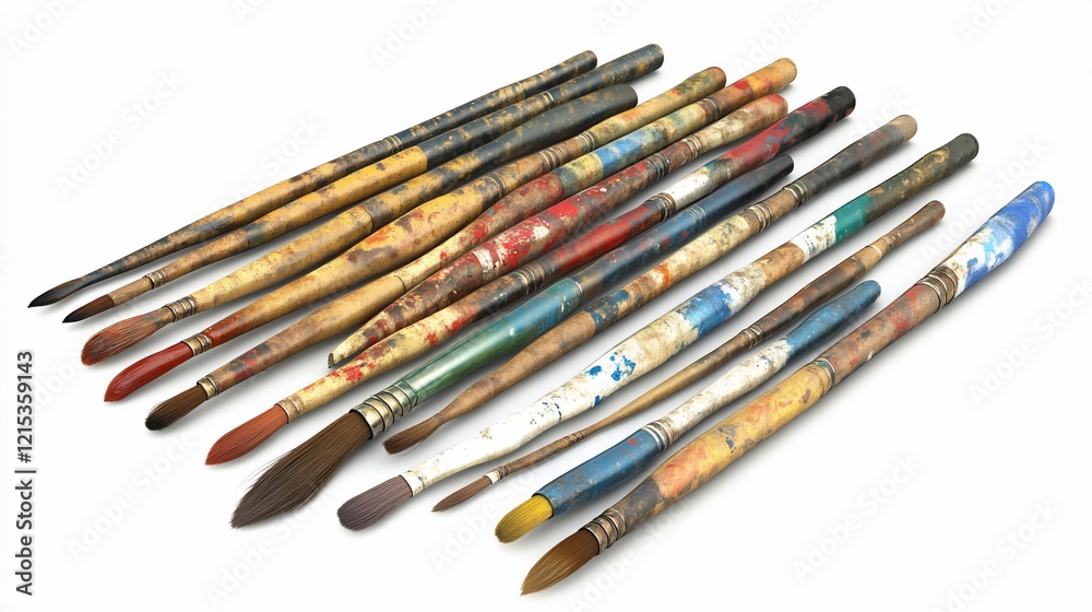 Studio paintbrushes, well-used, arranged, white background, art supplies Studio paintbrushes, well-used, arranged, white background, art supplies