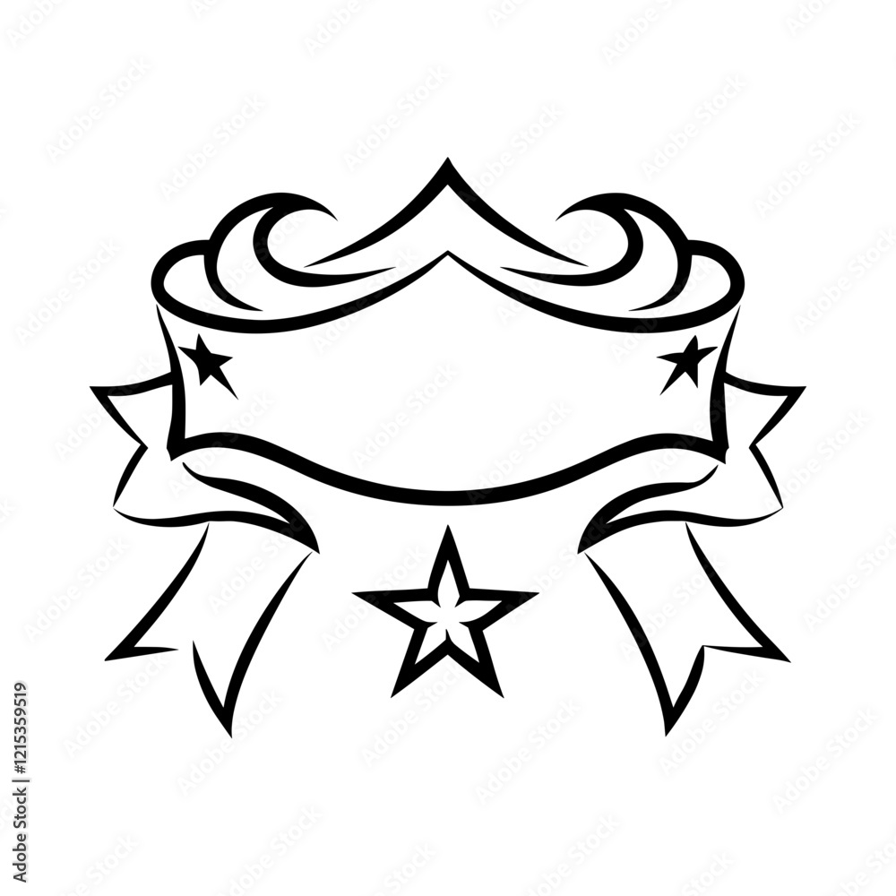 Decorative ribbon and stars outline in black Decorative ribbon and stars outline in black