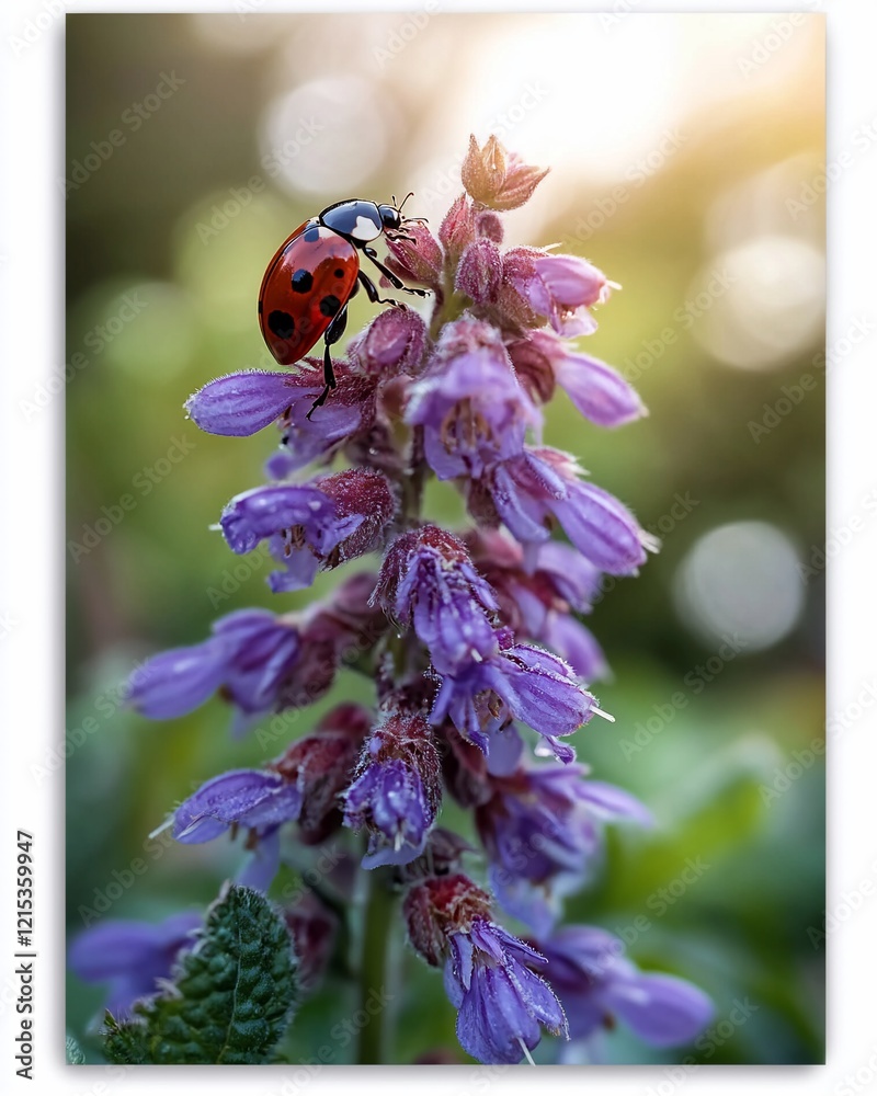 Ladybug on purple flower, garden sunrise. Ladybug on purple flower, garden sunrise.