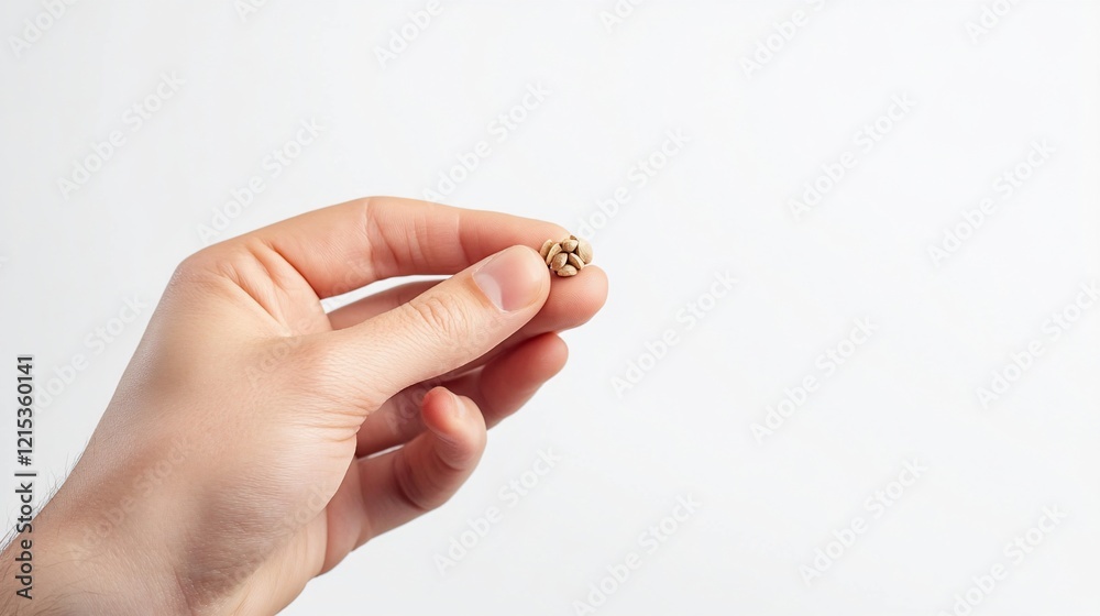 Hand holding small golden nut on white background Hand holding small golden nut on white background
