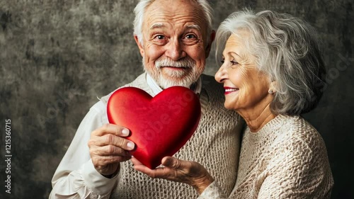 Elderly couple holding a red heart as symbol of love on gray background. Aged smiling woman and man with grey hair. Animated Grandparent's day banner, Valentine's Day, anniversary wedding, blog post
