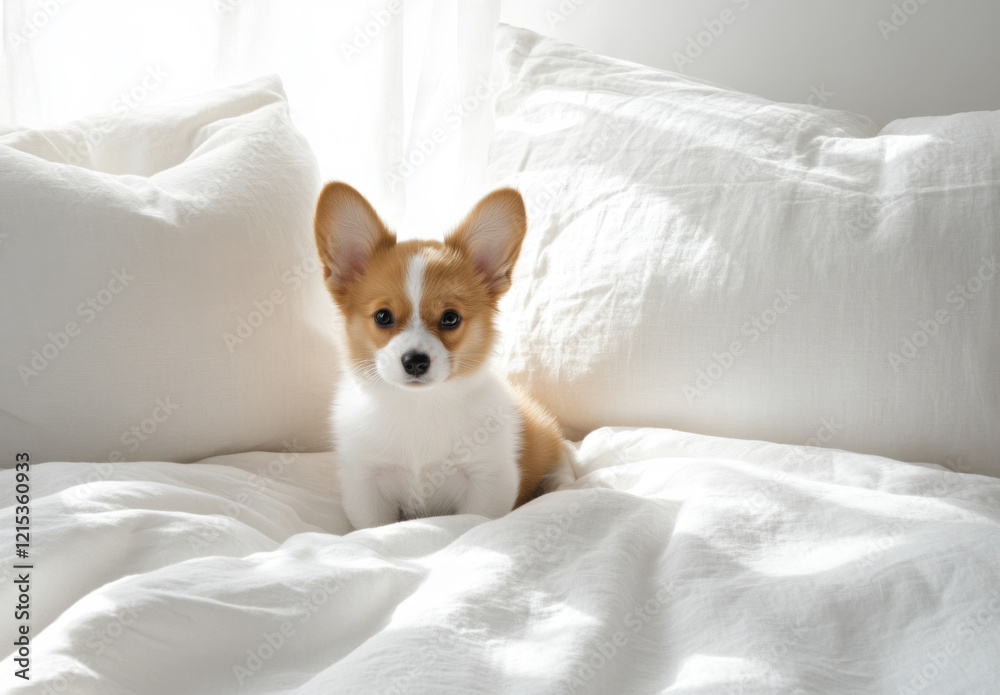 Adorable corgi puppy relaxing on white bed with sunlight Adorable corgi puppy relaxing on white bed with sunlight