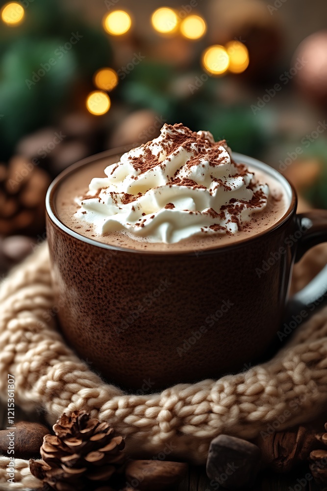 Hot chocolate with whipped cream and cocoa powder, nestled in a knitted scarf near pine cones and bokeh lights. Hot chocolate with whipped cream and cocoa powder, nestled in a knitted scarf near pine cones and bokeh lights.