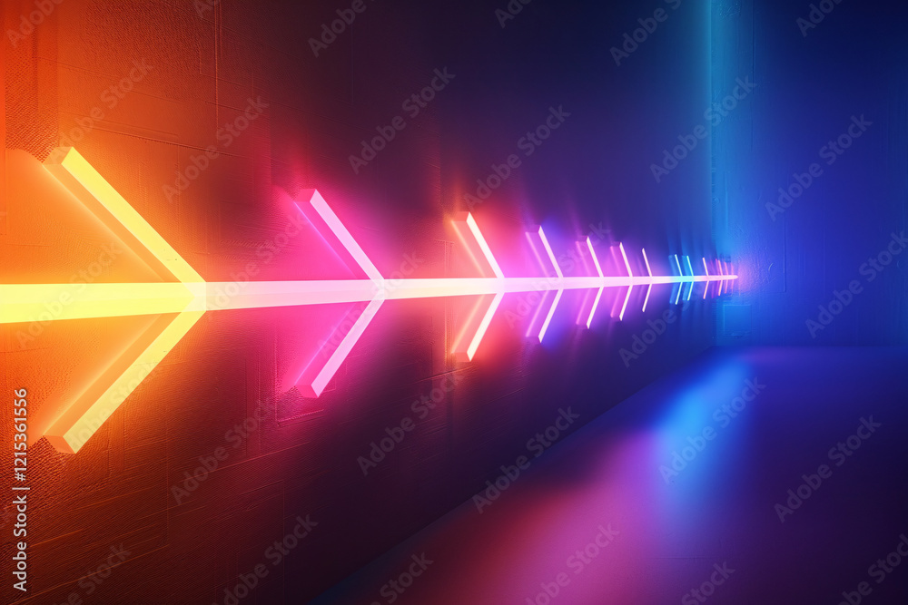 Glowing neon arrow signs running along a dark, empty room wall Glowing neon arrow signs running along a dark, empty room wall