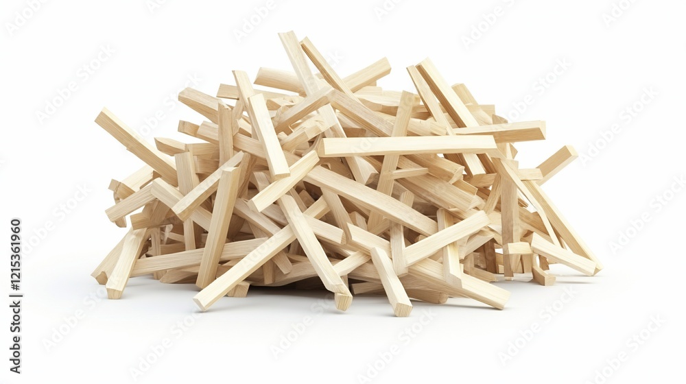 Scattered wooden scraps, studio shot, white background, construction waste, recycling Scattered wooden scraps, studio shot, white background, construction waste, recycling