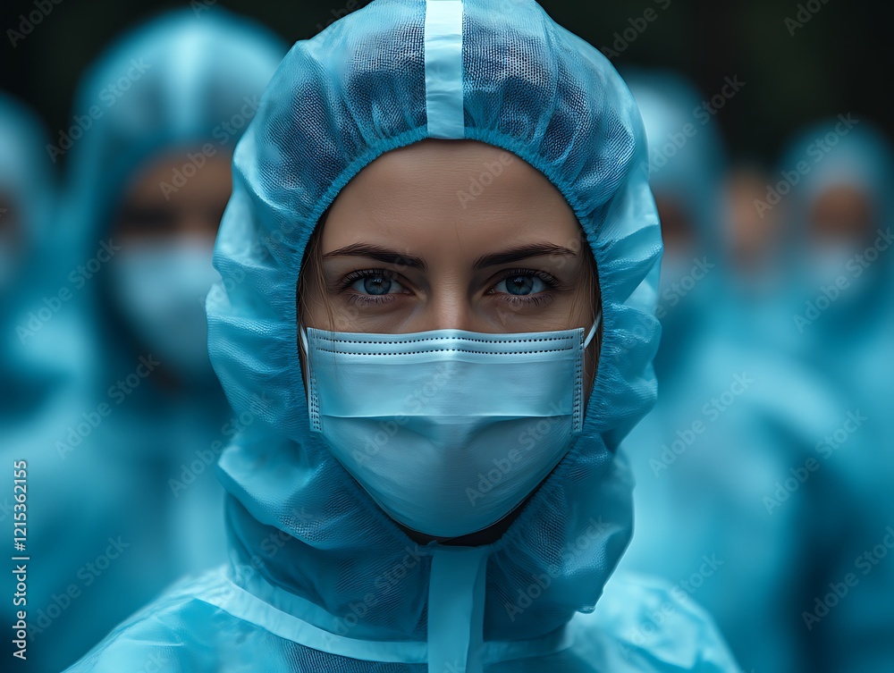 Woman in protective suit and mask, serious expression. Woman in protective suit and mask, serious expression.
