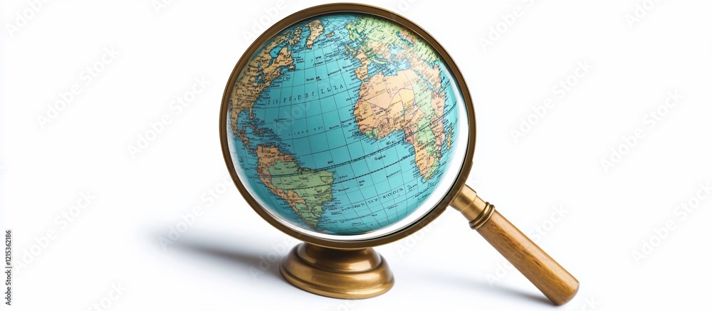Magnifying glass over globe; white background; global exploration concept Magnifying glass over globe; white background; global exploration concept