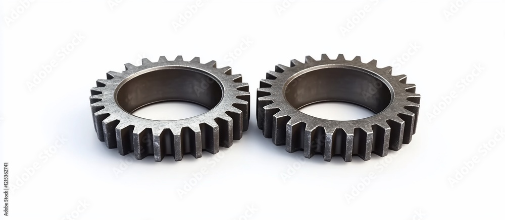Two metal gears on white background, teamwork concept, industrial design Two metal gears on white background, teamwork concept, industrial design
