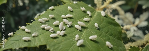 Colonies of whiteflies on leaves with yellowing, whiteflies, natural pest control, insect infestations photo