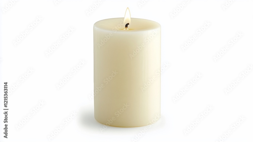 Lit cream candle, studio shot, white background, for website design