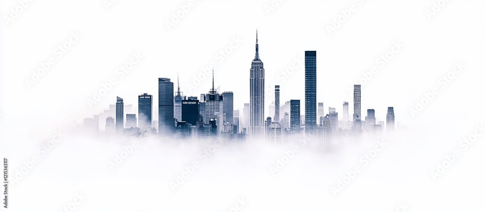 Fototapeta premium Foggy NYC Skyline; skyscrapers emerge from clouds; urban backdrop; website header