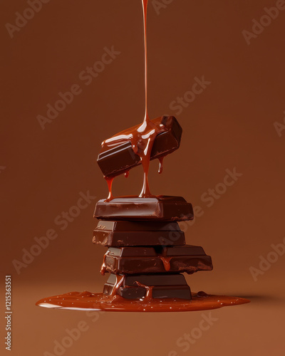 Melted caramel drizzling over stacked dark chocolate bars on brown background
