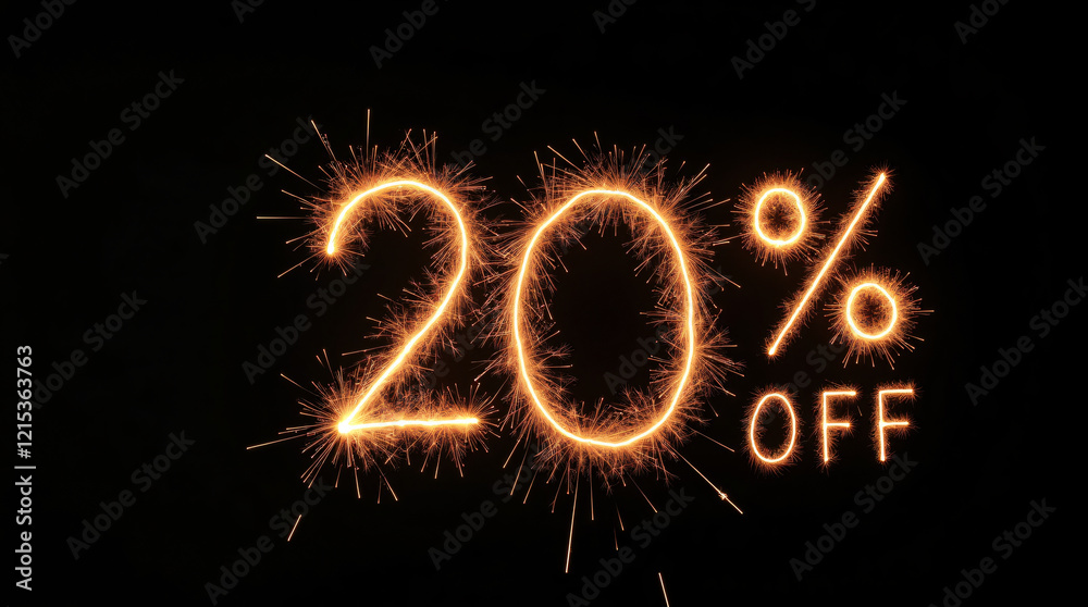 Sale 20 % off - made with sparklers on black background Sale 20 % off - made with sparklers on black background