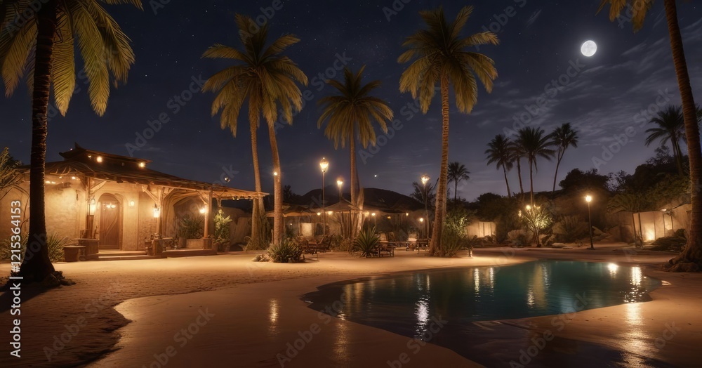 Obraz premium Desert oasis at night with palm trees and lanterns, palm trees, desert oasis, lanterns
