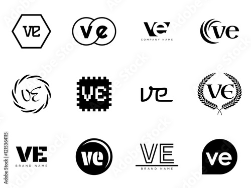 VE logo company template. Letter v and e logotype. Set different classic serif lettering and modern bold text with design elements. Initial font typography.