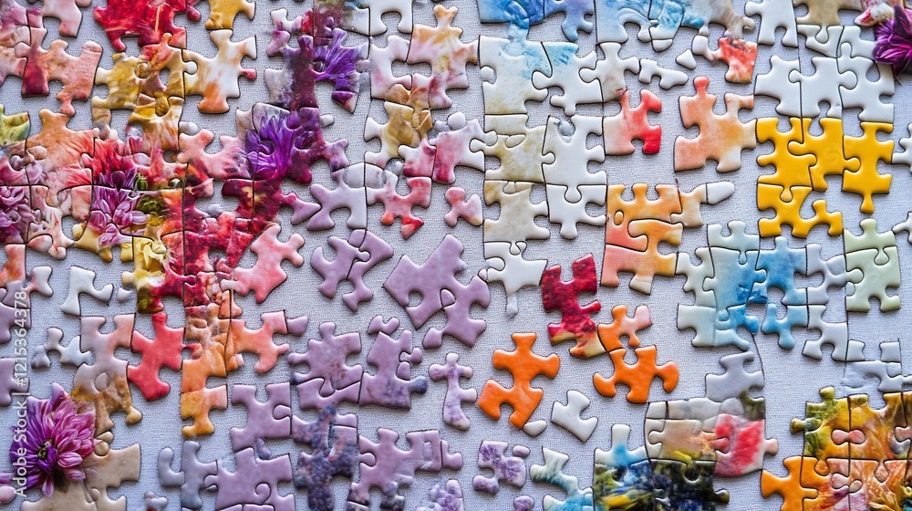 Naklejka premium Colorful floral jigsaw puzzle pieces scattered on table, work in progress, home background