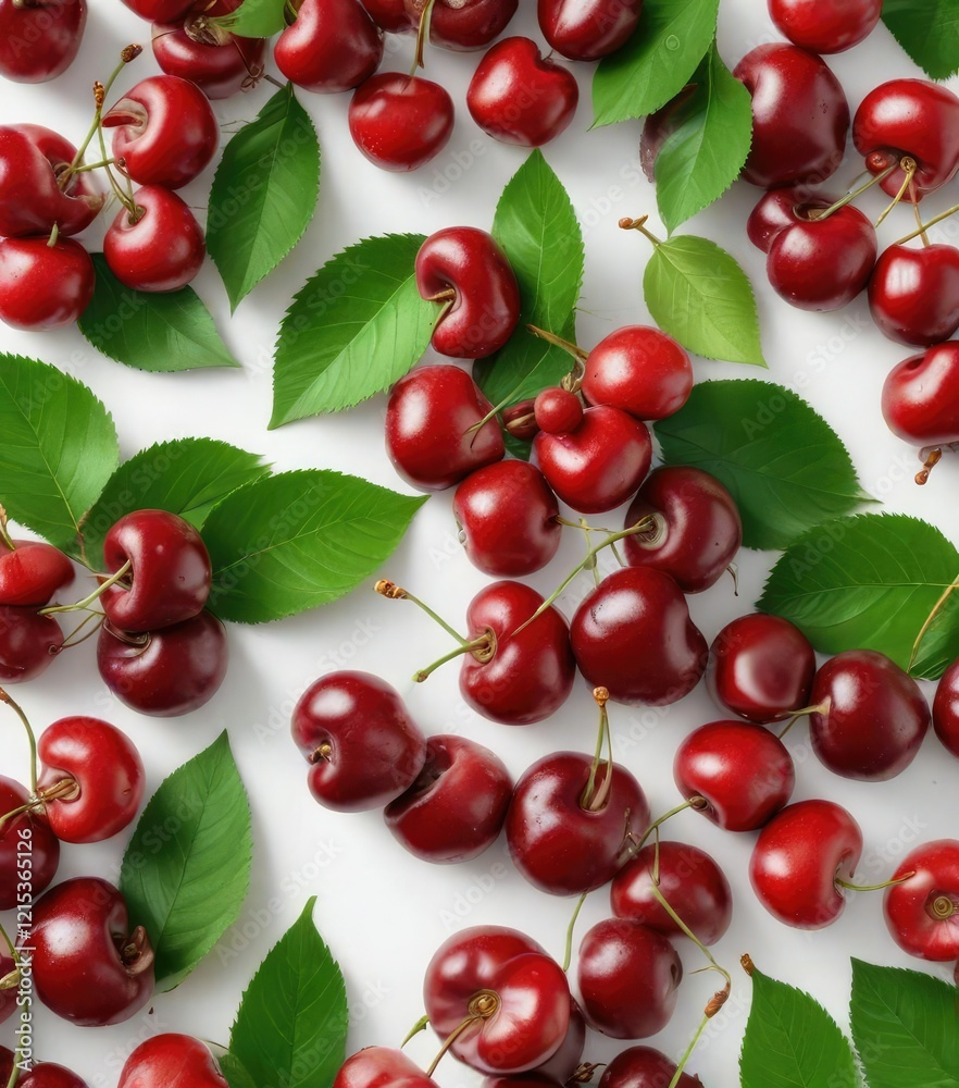 Fresh cherries with green leaves isolated on a white background, studio, fruit Fresh cherries with green leaves isolated on a white background, studio, fruit