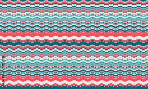 Vibrant wavy stripes in teal, coral, and white create a cheerful, seamless pattern. Ideal for textile design, website backgrounds, or any project needing a playful, summery vibe.
