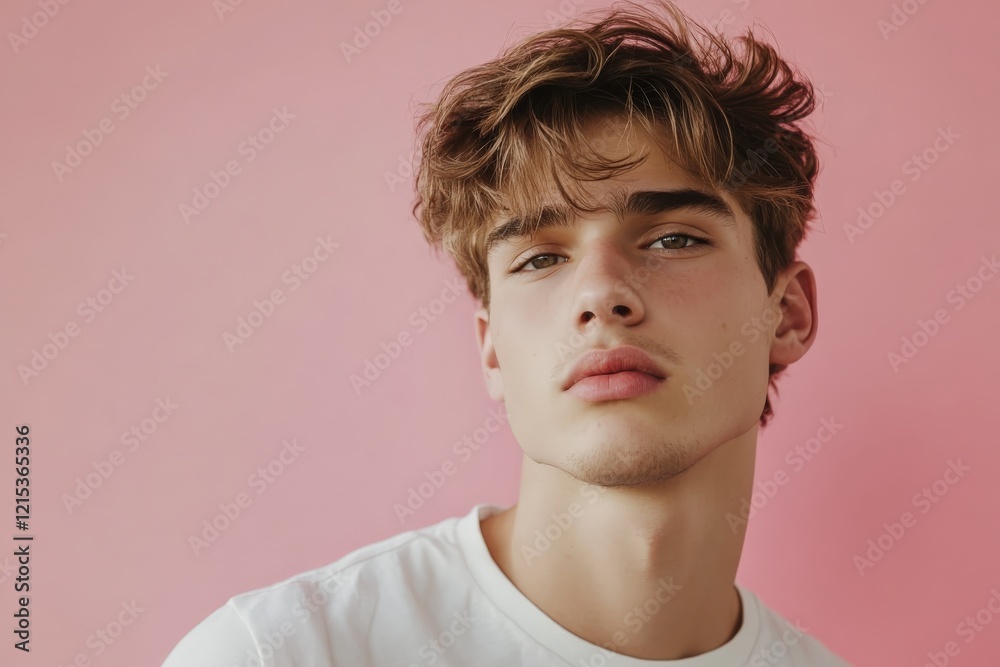 Fototapeta premium Stylish Young Man Posing Against a Soft Pink Background