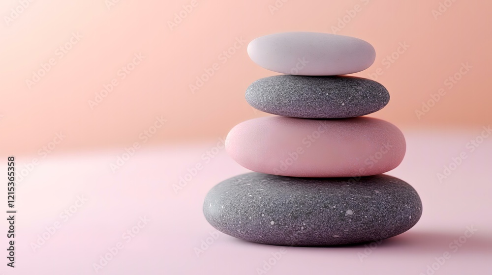Stacked pastel stones on pink background, zen concept, wellness, spa Stacked pastel stones on pink background, zen concept, wellness, spa