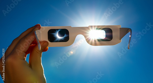 eclipse glasses capturing solar eclipse in bright blue sky