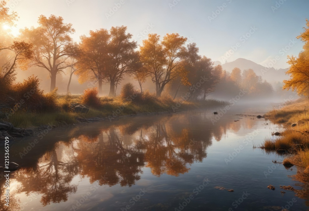 Obraz premium Early morning mist rises over a serene river in autumn , natural beauty, river panorama