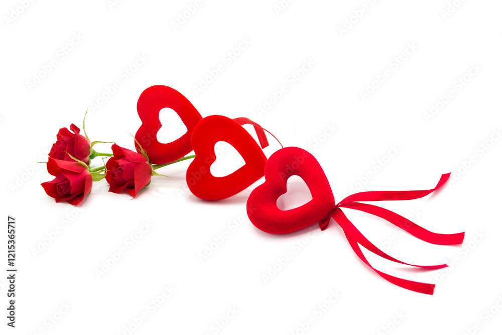 Bouquet of red roses with figurines of hearts isolated on a white background. Copy space. Valentines Day. Love. International Women's Day. Mothers Day. Bouquet of red roses with figurines of hearts isolated on a white background. Copy space. Valentines Day. Love. International Women's Day. Mothers Day.