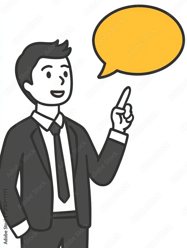 an animated businessman speaking with his finger pointing upwards and a yellow speech bubble, on a white background. an animated businessman speaking with his finger pointing upwards and a yellow speech bubble, on a white background.