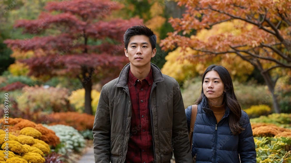 Couple enjoys a serene stroll through vibrant botanical gardens adorned with autumn hues Couple enjoys a serene stroll through vibrant botanical gardens adorned with autumn hues