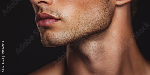 Perfect jawline and stubble beard of a male model are highlighted in close up against a dark background photo