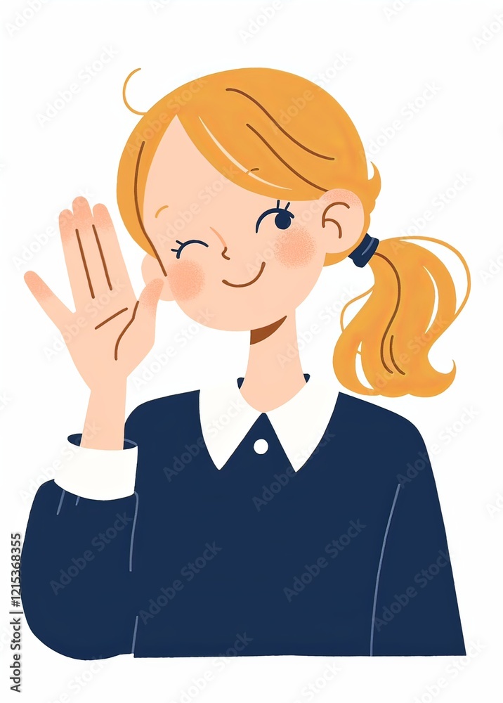 an office worker smiling and making gesture, in navy blue and white, with light yellow hair, isolated on a white background an office worker smiling and making gesture, in navy blue and white, with light yellow hair, isolated on a white background