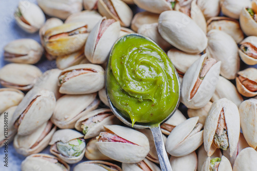 Delicious homemade pistachio paste or cream,spread with pistachios.
