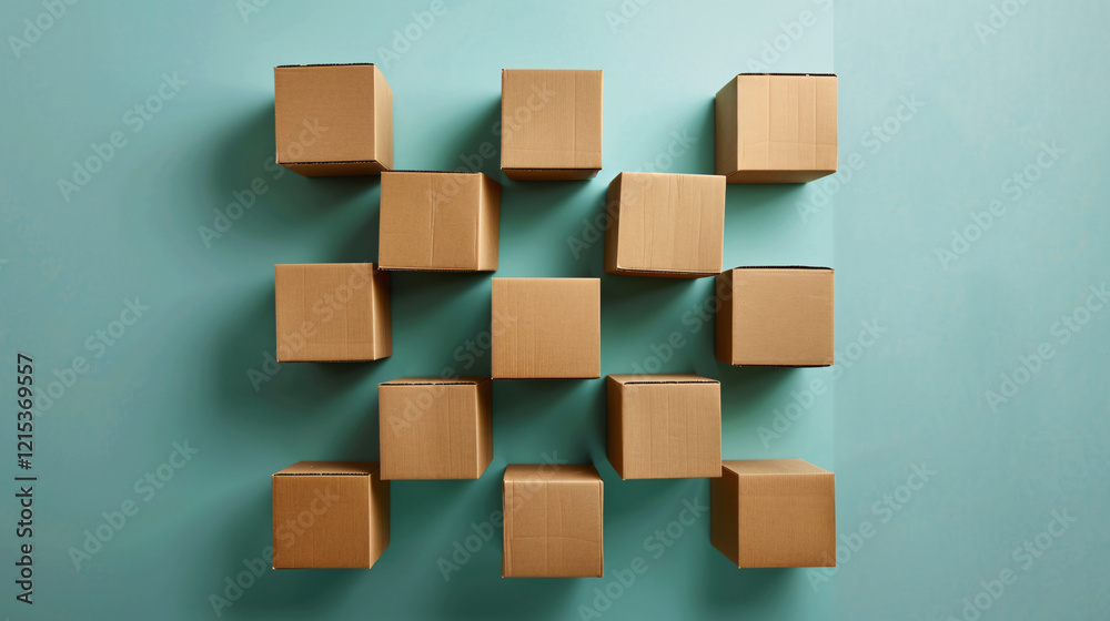 Lot of closed cardboard boxes are lying on a turquoise background, forming a beautiful pattern Lot of closed cardboard boxes are lying on a turquoise background, forming a beautiful pattern