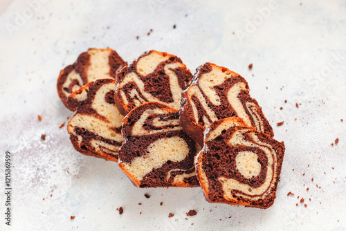 Homemade traditional marble pound cake.