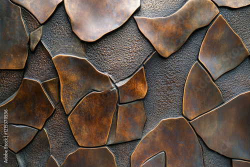 Abstract bronze metal texture with irregular, fragmented shapes creating a unique, artistic wall covering. photo