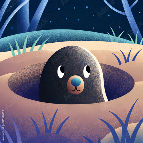Cute mole come out of the hole. Grainy texture, digital grain soft noise effect
