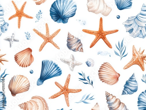 Watercolor painting depicts various seashells and starfish, forming a seamless pattern against a pristine white backdrop, ideal for evoking a beach or nautical theme