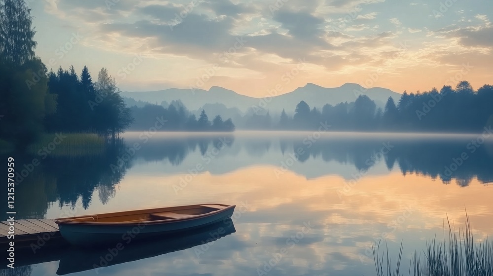 Naklejka premium Wooden rowing boat resting by a jetty on a tranquil lake at dawn, reflecting misty mountains and soft pastel hues of the sunrise sky, creating an idyllic scene