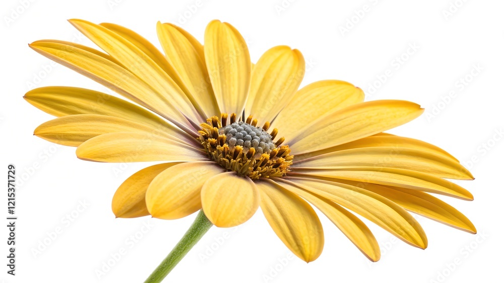 Obraz premium A clean and bright studio shot features a single yellow daisy (Osteospermum) isolated against a white background