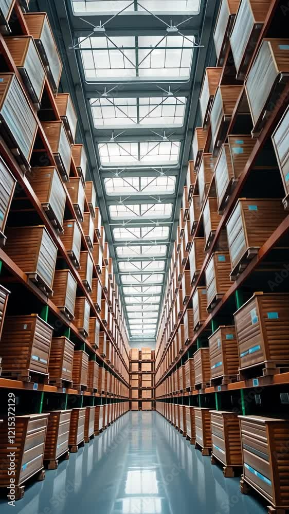 Majestic warehouse aisle with rows of stacked wooden crates Majestic warehouse aisle with rows of stacked wooden crates