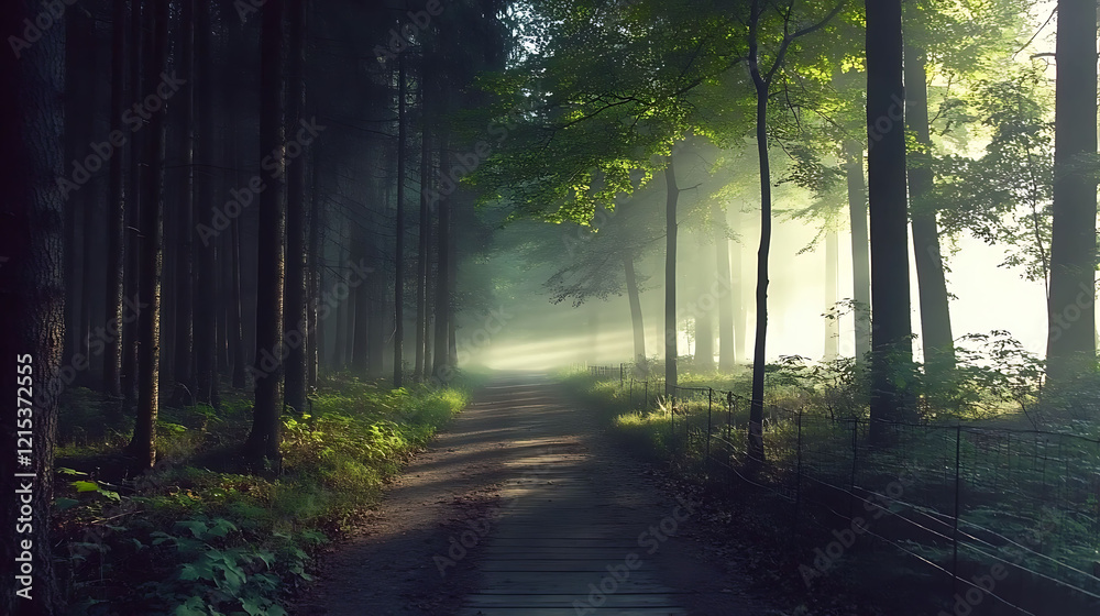 Obraz premium Mystical sunbeams pierce the fog in this enchanting forest path image. Perfect for illustrating tranquility, nature, mystery, or travel. Use it for websites, book covers, or calming wall art.