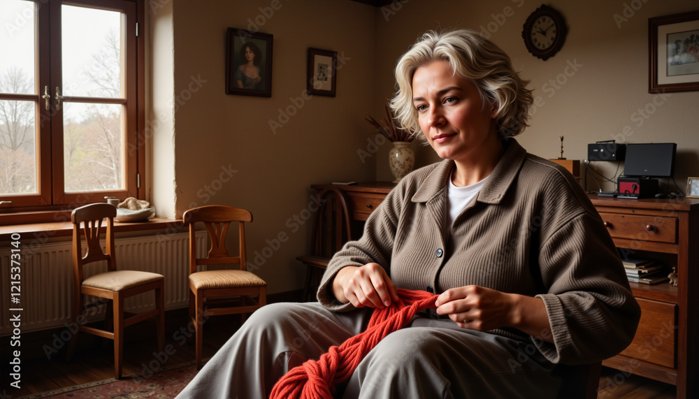 Fototapeta premium Elderly woman crafting with yarn in cozy village room, creativity